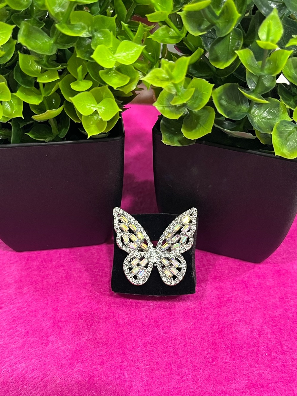 Sparkling Crystal Butterfly ring - Silver Tone and stretchy band.